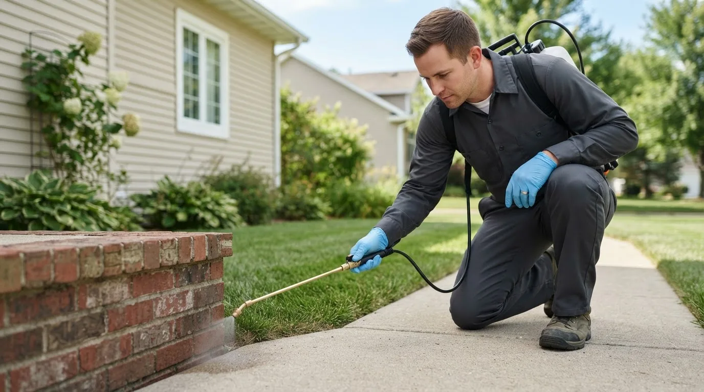 Pest control technician treating a home near Alva, WY